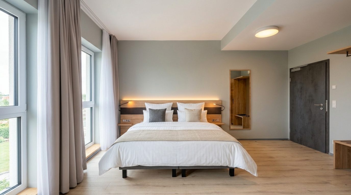 Finished apartment unit — bedroom with vinyl plank flooring and integrated headboard lighting