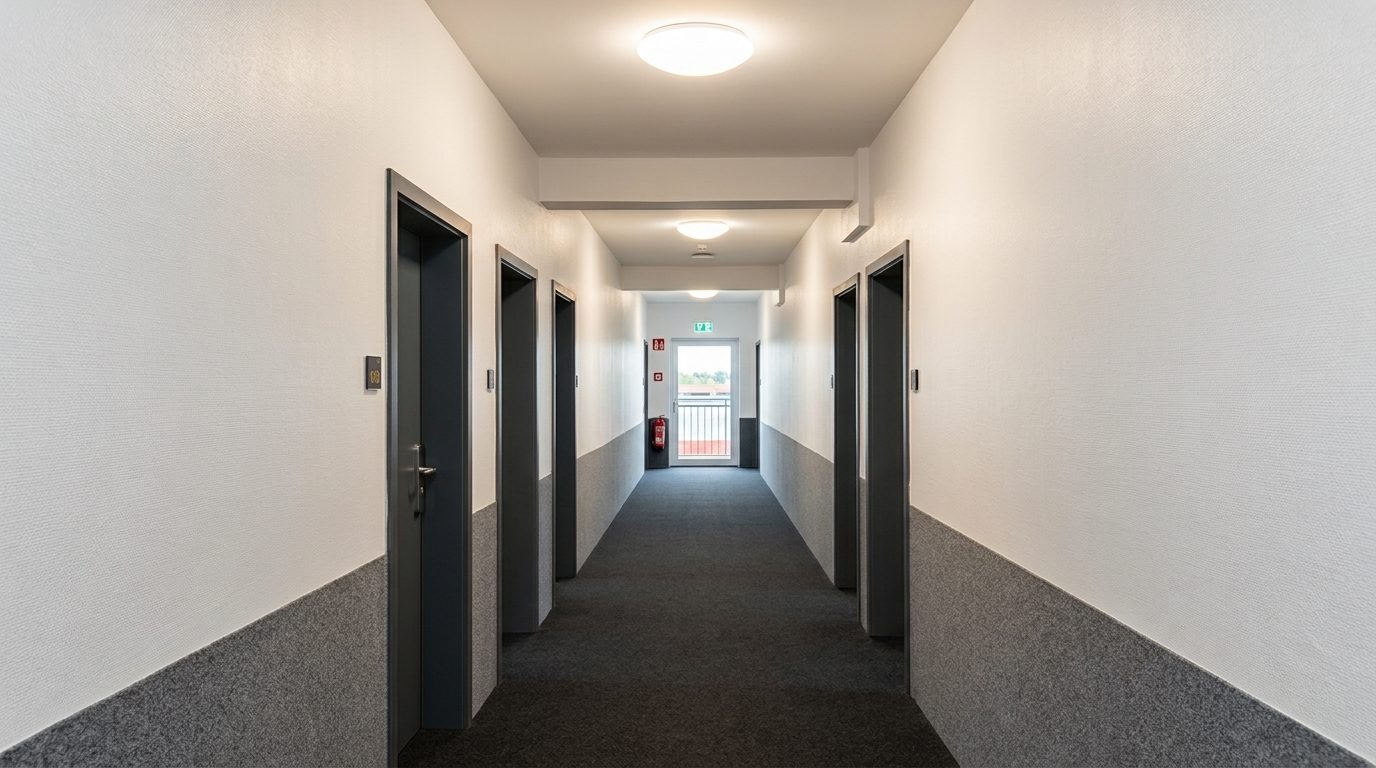 Completed corridor with unit doors, electronic access control and emergency exit