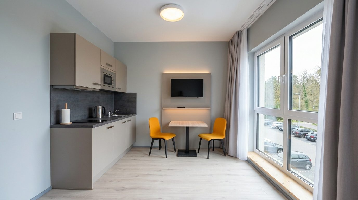 Finished apartment unit — kitchenette and dining area with wall-mounted TV